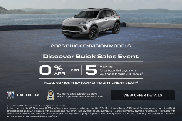 Discover Buick Sales Event

0% APR FOR 5 YEARS for well-qualified buyers when you finance through...