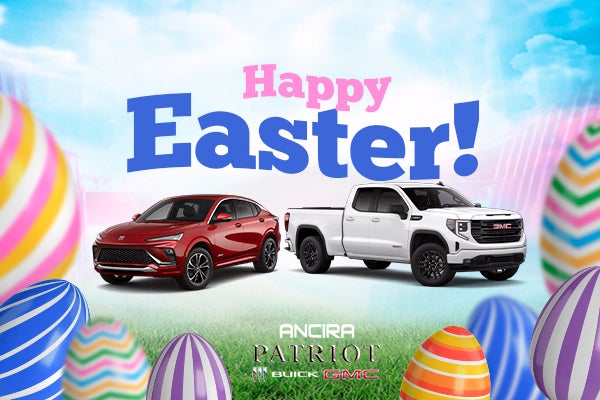 Happy Easter promotional banner featuring two vehicles