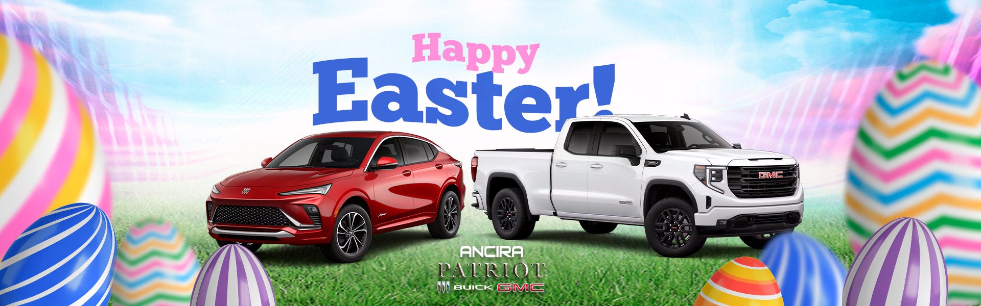 Happy Easter promotional banner featuring two vehicles
