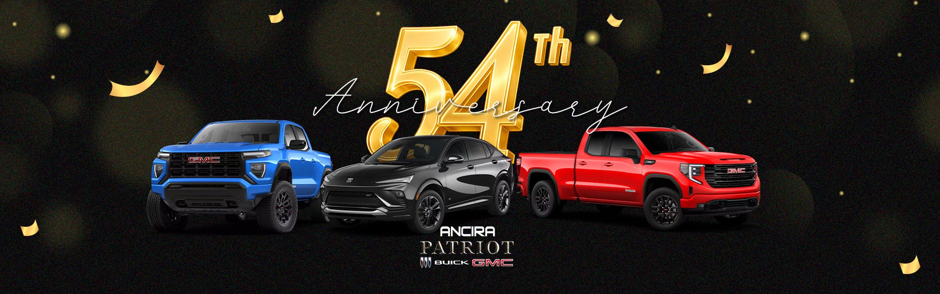 Anniversary car dealership banner with vehicles on dark bg