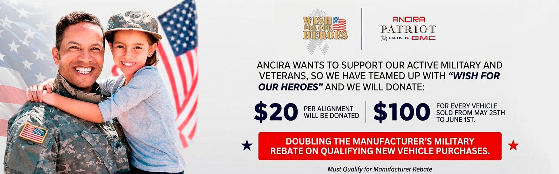Ancira military promo with donation and rebate offers